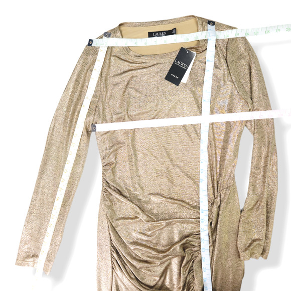 NWT Lauren Ralph Lauren Side Ruched Solid Foil Jersey Sheath Dress Sz. 8 Gold - Picture 10 of 12